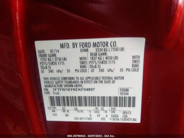 2014 FORD F-150 XL/XLT/STX/FX4/LARIAT VIN: 1FTFW1EF6EKF04897