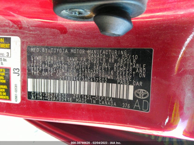 2010 TOYOTA COROLLA VIN: 2T1BU4EE3AC417502