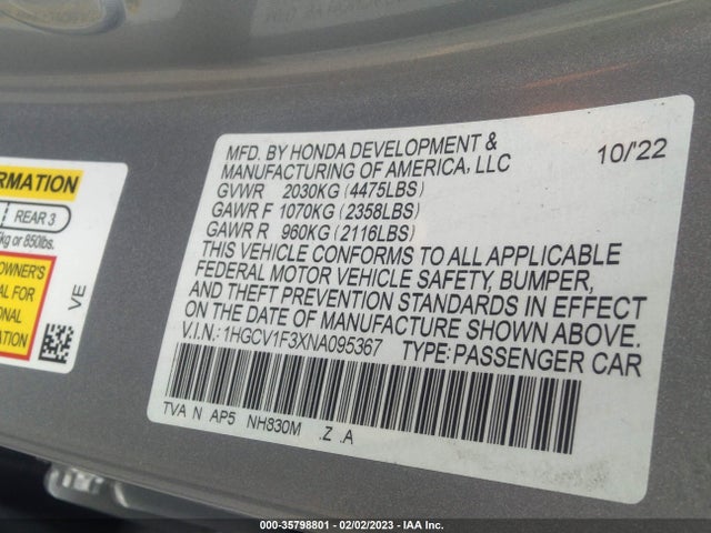 2022 Honda Accord, VIN: 1HGCV1F3XNA095367