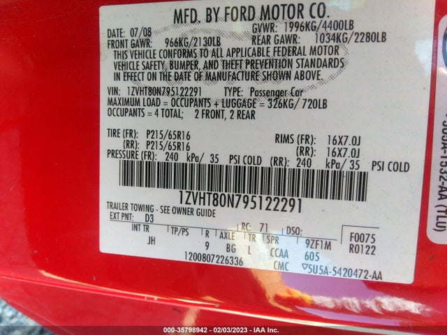 2009 FORD MUSTANG VIN: 1ZVHT80N795122291