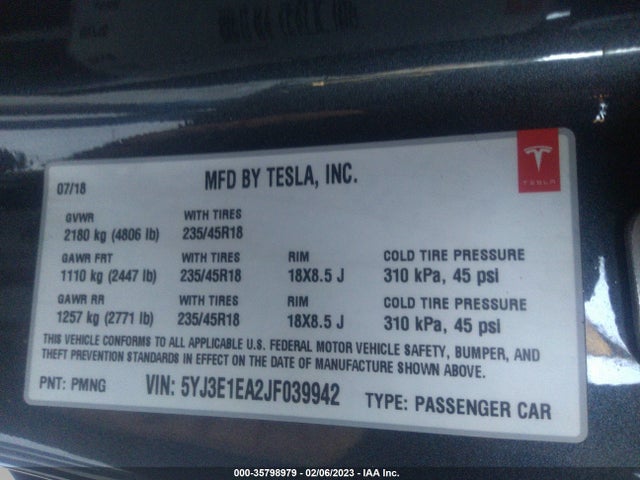 Tesla Model 3 Range Battery 2018 5YJ3E1EA2JF039942 Image 10