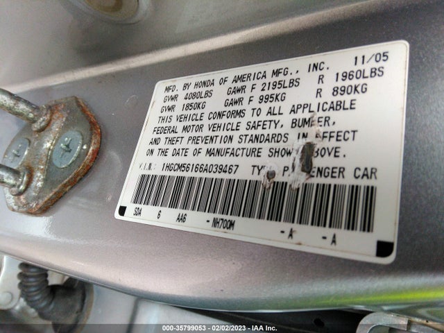 2006 HONDA ACCORD SDN VP VIN: 1HGCM56166A039467