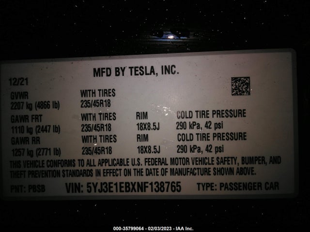 Tesla MODEL 3 2022 5YJ3E1EBXNF138765 Image 9