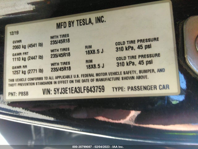 Tesla Model 3 Standard Range 2020 5YJ3E1EA3LF643759 Image 9