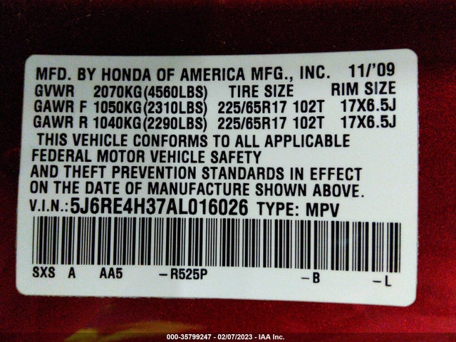 2010 HONDA CR-V LX VIN: 5J6RE4H37AL016026