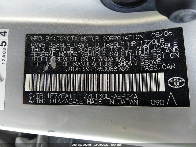 2006 TOYOTA COROLLA CE VIN: JTDBR32E260088969