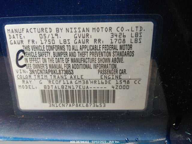 Nissan Versa Sedan Sv 2019 3N1CN7AP8KL873653 Image 10