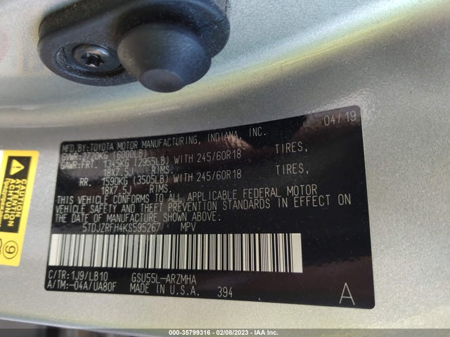 2019 Toyota Highlander, VIN: 5TDJZRFH4KS595267