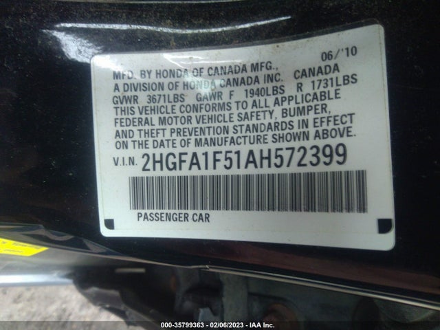 2010 HONDA CIVIC SDN LX VIN: 2HGFA1F51AH572399