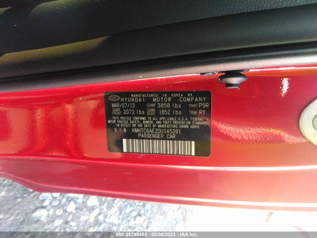 2013 HYUNDAI VELOSTER TURBO W/BLACK INT VIN: KMHTC6AE2DU145391