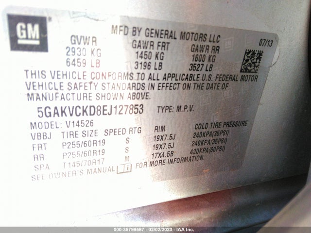2014 BUICK ENCLAVE PREMIUM VIN: 5GAKVCKD8EJ127853