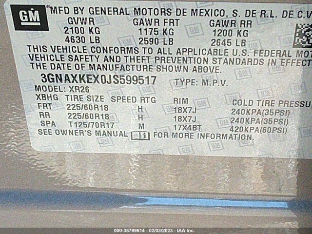 2018 Chevrolet Equinox, VIN: 3GNAXKEX0JS599517