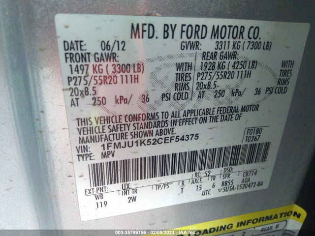 2012 FORD EXPEDITION LIMITED VIN: 1FMJU1K52CEF54375