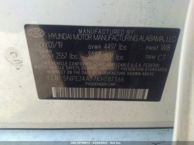 2019 HYUNDAI SONATA SE VIN: 5NPE24AF7KH787366