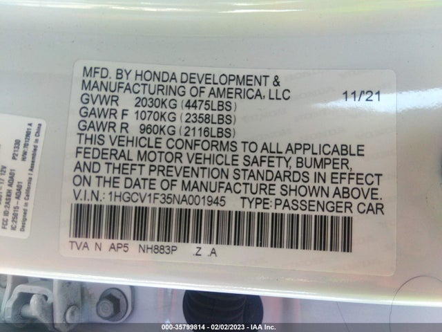 2022 Honda Accord, VIN: 1HGCV1F35NA001945
