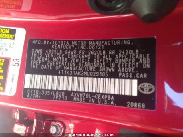 2021 Toyota Camry, VIN: 4T1K31AK3MU029105