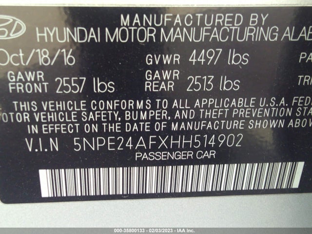 2017 Hyundai Sonata, VIN: 5NPE24AFXHH514902