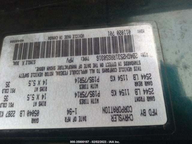 1994 DODGE CARAVAN VIN: 2B4GH2531RR650316