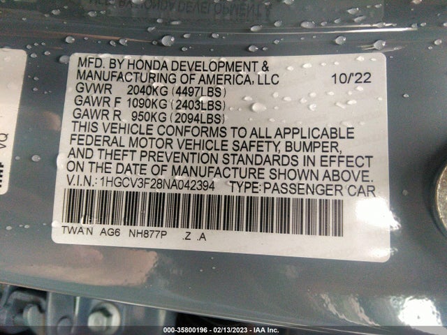2022 HONDA ACCORD HYBRID SPORT VIN: 1HGCV3F28NA042394