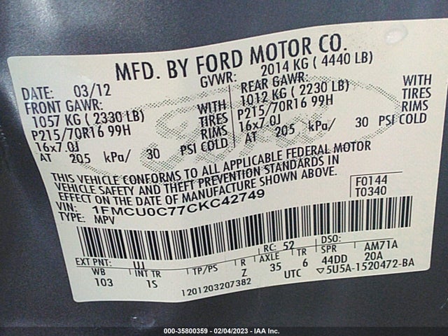 2012 FORD ESCAPE XLS VIN: 1FMCU0C77CKC42749