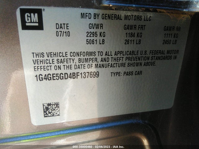 2011 BUICK LACROSSE CXS VIN: 1G4GE5GD4BF137699