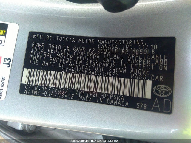 2010 TOYOTA COROLLA VIN: 2T1BU4EE9AC519872