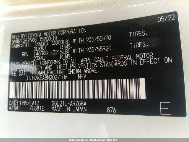 JTJHZKEA8N2027106 Lexus Rx Rx 350l