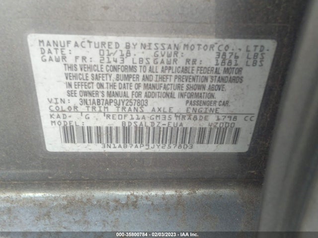 2018 NISSAN SENTRA SV VIN: 3N1AB7AP9JY257803
