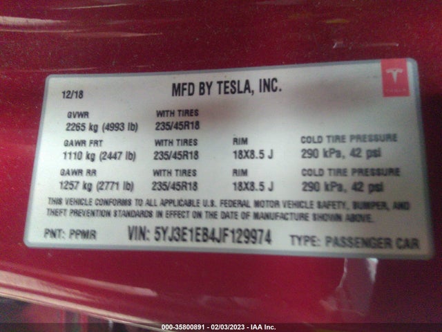 Tesla Model 3 Long Range 2018 5YJ3E1EB4JF129974 Image 9