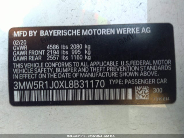 BMW 3 Series 330i 2020 аукцион фото