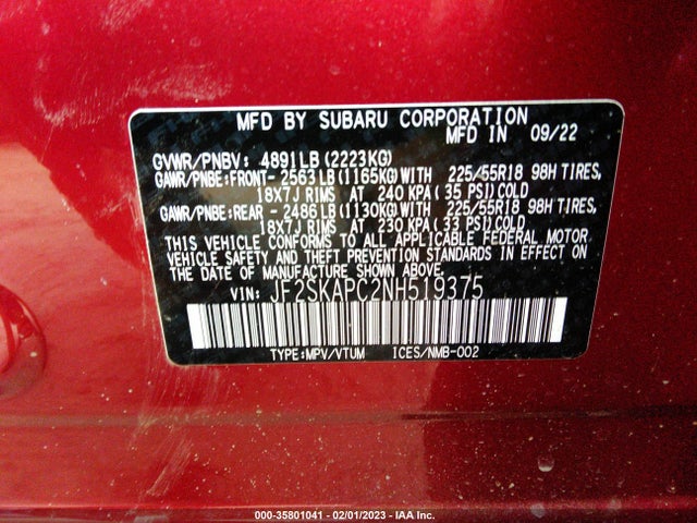2022 Subaru Forester, VIN: JF2SKAPC2NH519375