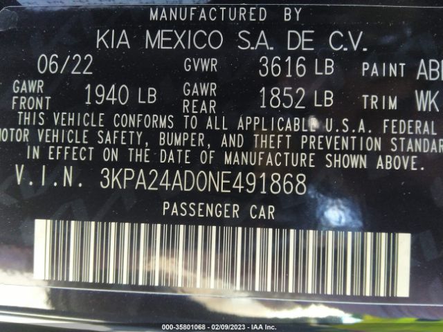 3KPA24AD0NE491868 KIA RIO LX