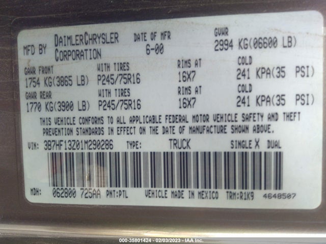 2001 DODGE RAM 1500 VIN: 3B7HF13Z01M290286