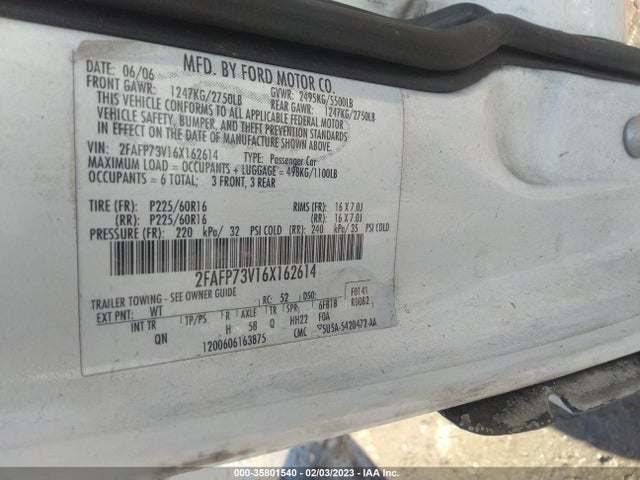 2006 FORD CROWN VICTORIA STANDARD VIN: 2FAFP73V16X162614
