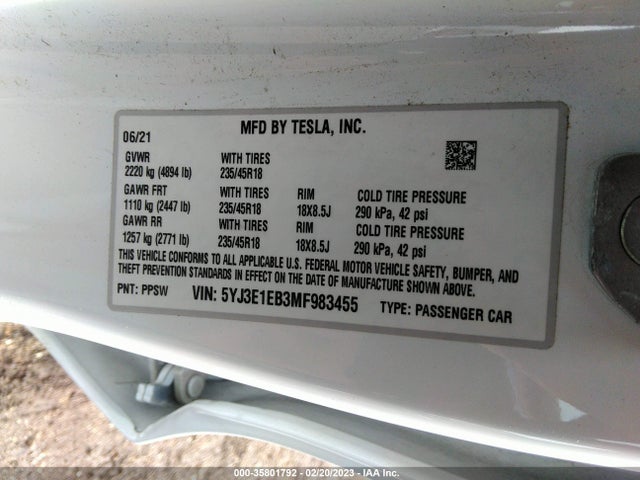 Tesla Model 3 Long Range 2021 5YJ3E1EB3MF983455 Image 11