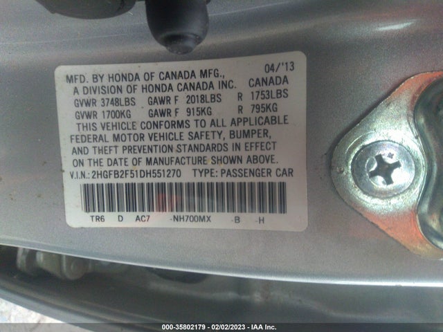2013 HONDA CIVIC SDN LX VIN: 2HGFB2F51DH551270