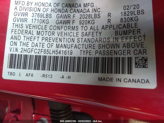 2020 HONDA CIVIC SEDAN LX VIN: 2HGFC2F65LH541619
