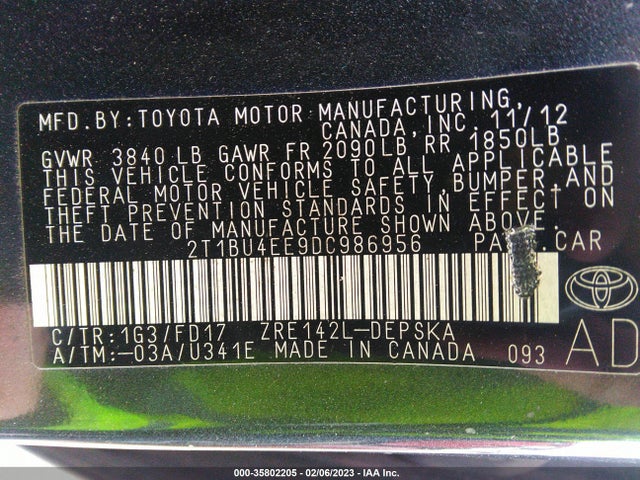 2013 TOYOTA COROLLA L/LE/S VIN: 2T1BU4EE9DC986956