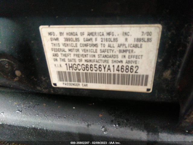 2000 HONDA ACCORD SDN LX VIN: 1HGCG6656YA146862
