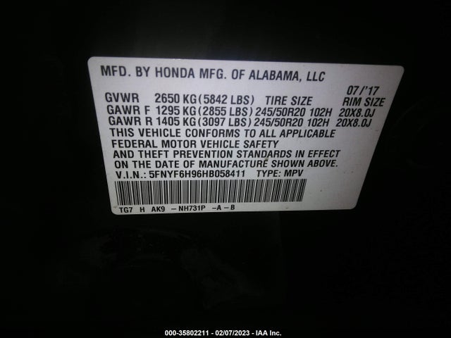 2017 Honda Pilot, VIN: 5FNYF6H96HB058411