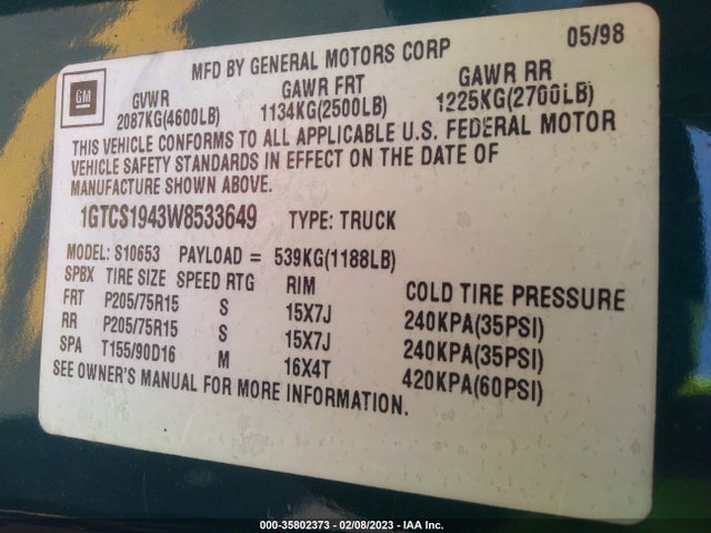 GMC Sonoma Sls 1998 1GTCS1943W8533649 Image 10
