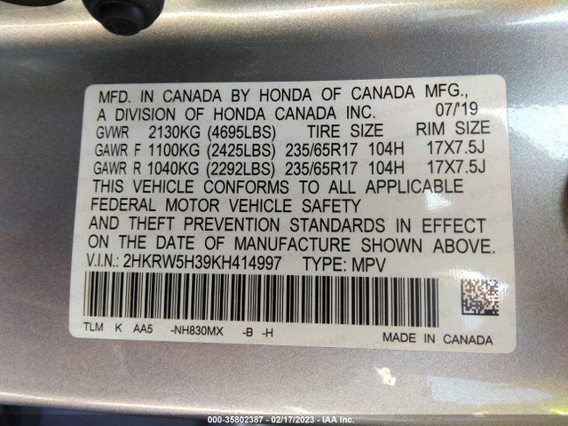 2019 Honda CR-V, VIN: 2HKRW5H39KH414997
