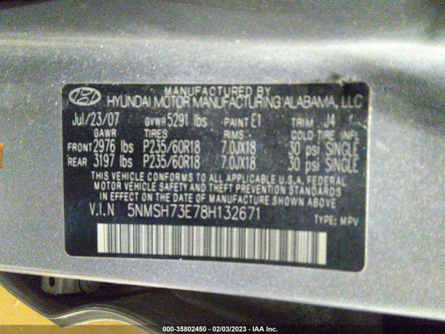 2008 HYUNDAI SANTA FE SE/LIMITED VIN: 5NMSH73E78H132671