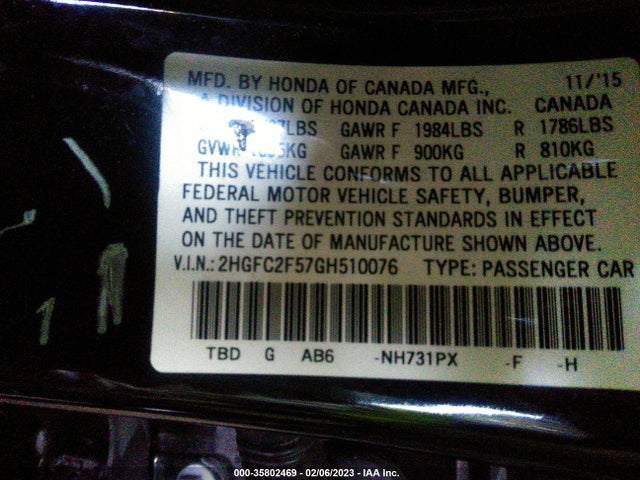 2016 Honda Civic, VIN: 2HGFC2F57GH510076