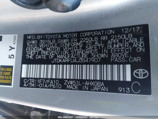 2018 Toyota Prius, VIN: JTDKARFU4J3547907