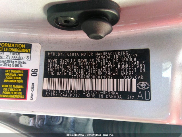 2017 TOYOTA COROLLA L/LE/XLE/SE VIN: 2T1BURHE0HC841092