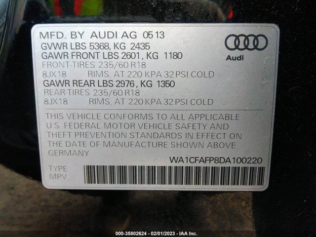2013 AUDI Q5 PREMIUM VIN: WA1CFAFP8DA100220