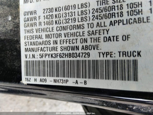 Honda Ridgeline Rtl-t 2017 5FPYK3F62HB034729 Image 10