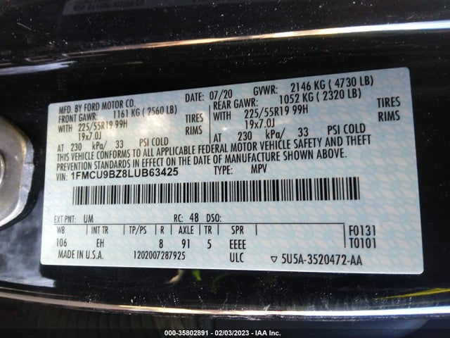 2020 Ford Escape, VIN: 1FMCU9BZ8LUB63425