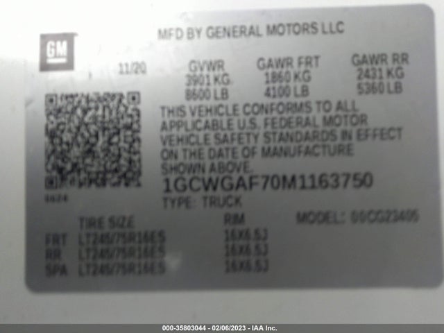 2021 Chevrolet Express, VIN: 1GCWGAF70M1163750